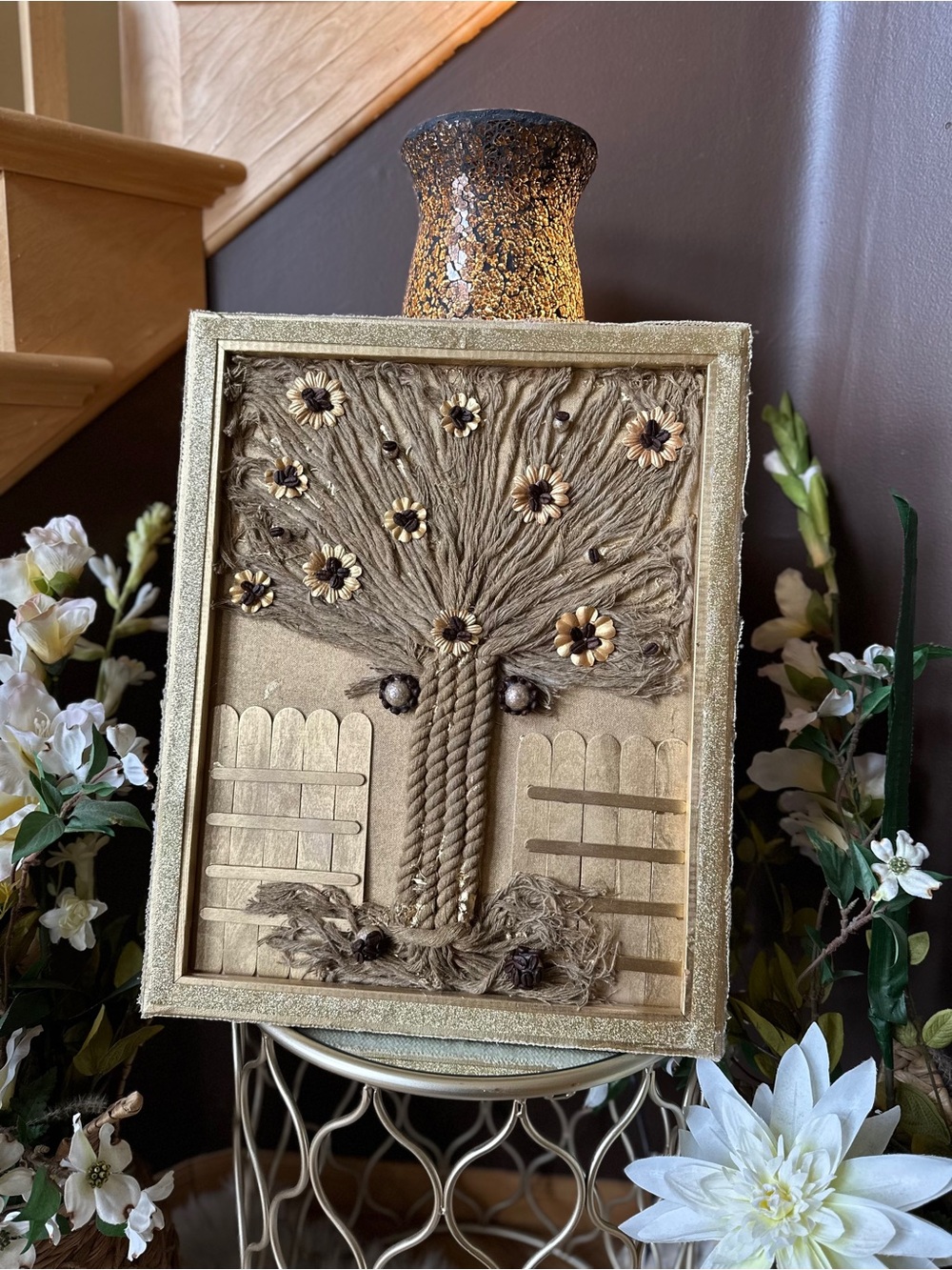 Handmade Twine Tree Wall Art in Gold and Natural Tones
